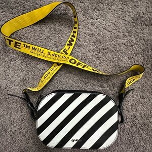 Off-White Striped Crossbody Bag with Yellow Strap